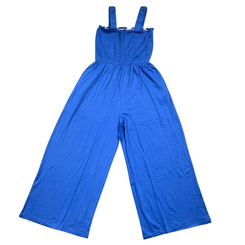 Nfsion‎ Womens Summer Smocked Wide Leg Jumpsuit Blue Large N116-qianlan-L